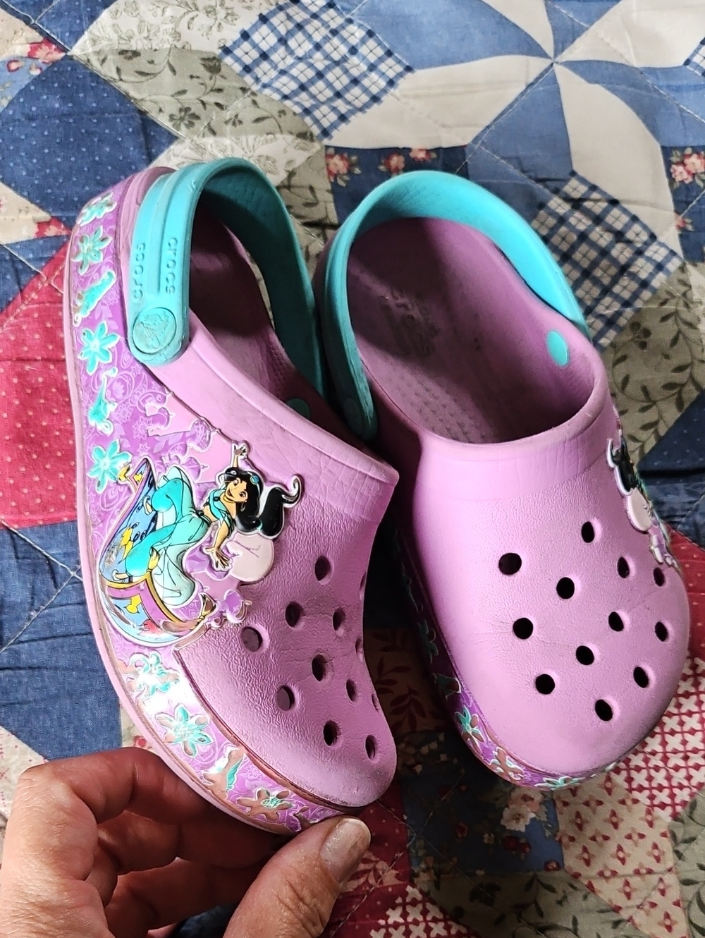 CROCS Kids Lavender Clogs with Teal Strap and Princess Jasmine
